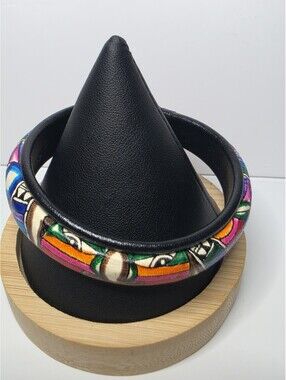 Vintage Mayan Leather Bangle Hand Painted Tribal Mask eye Design Bracelet